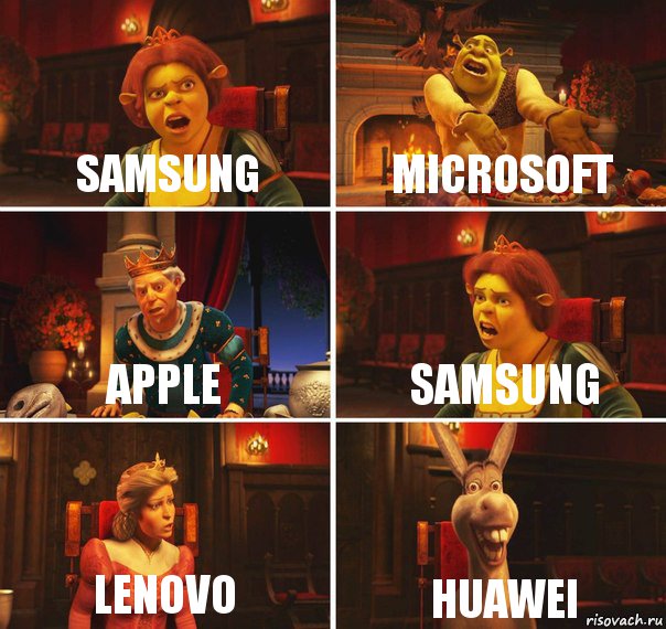 Samsung Microsoft Apple Samsung Lenovo Huawei, Комикс  Шрек Фиона Гарольд Осел