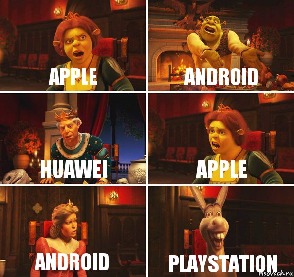 Apple Android Huawei Apple Android Playstation, Комикс  Шрек Фиона Гарольд Осел