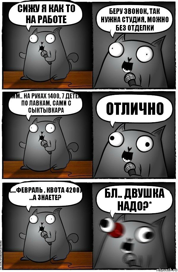 сижу я как то на работе беру звонок, так нужна студия, можно без отделки мм.. на руках 1400, 7 детей по лавкам, сами с сыктывкара отлично (....февраль , квота 4200)
...А знаете? бл.. Двушка надо?*, Комикс  Стендап-кот