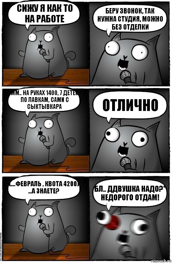 сижу я как то на работе беру звонок, так нужна студия, можно без отделки мм.. на руках 1400, 7 детей по лавкам, сами с сыктывкара отлично (....февраль , квота 4200)
...А знаете? бл.. Ддвушка надо?*
недорого отдам!, Комикс  Стендап-кот