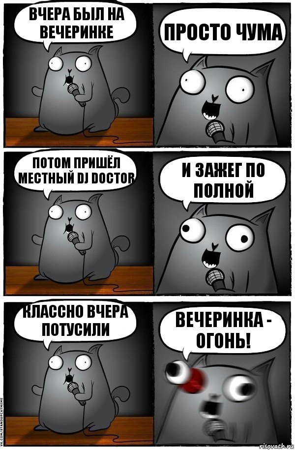 Вчера был на вечеринке Просто чума Потом пришёл местный Dj doctor И зажег по полной Классно вчера потусили вечеринка - огонь!, Комикс  Стендап-кот