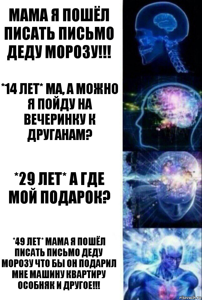 Мама я пошёл писать письмо деду морозу!!! *14 лет* Ма, А можно я пойду на вечеринку к друганам? *29 лет* А где мой подарок? *49 лет* Мама я пошёл писать письмо деду морозу что бы он подарил мне машину квартиру особняк и другое!!!, Комикс  Сверхразум