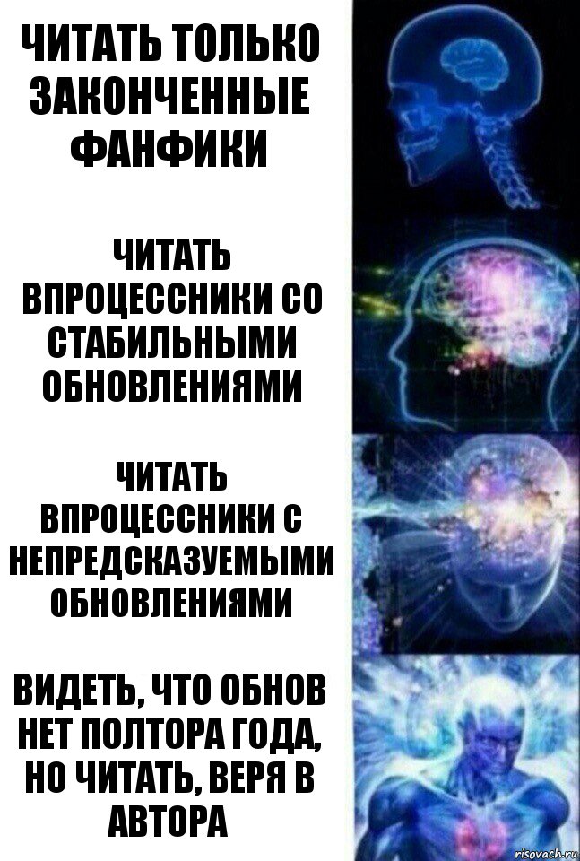 Читать только законченные фанфики Читать впроцессники со стабильными обновлениями Читать впроцессники с непредсказуемыми обновлениями Видеть, что обнов нет полтора года, но читать, веря в автора, Комикс  Сверхразум