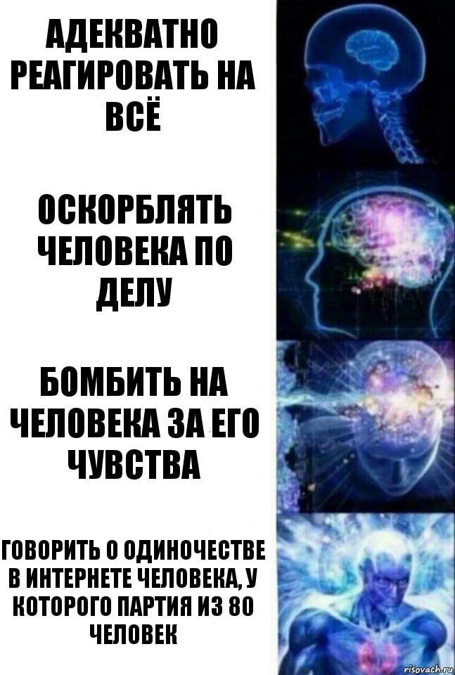 Адекватно реагировать на всё Оскорблять человека по делу Бомбить на человека за его чувства Говорить о одиночестве в интернете человека, у которого партия из 80 человек, Комикс  Сверхразум