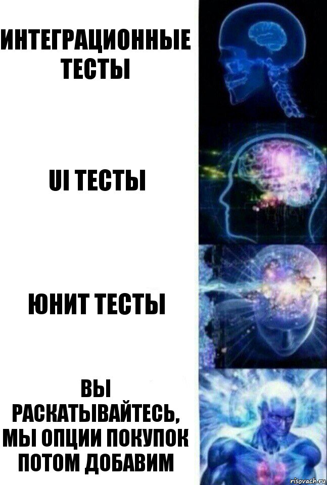 интеграционные тесты ui тесты юнит тесты вы раскатывайтесь, мы опции покупок потом добавим, Комикс  Сверхразум