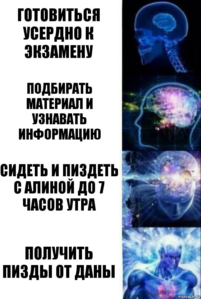 Готовиться усердно к экзамену Подбирать материал и узнавать информацию Сидеть и пиздеть с Алиной до 7 часов утра Получить Пизды от Даны, Комикс  Сверхразум