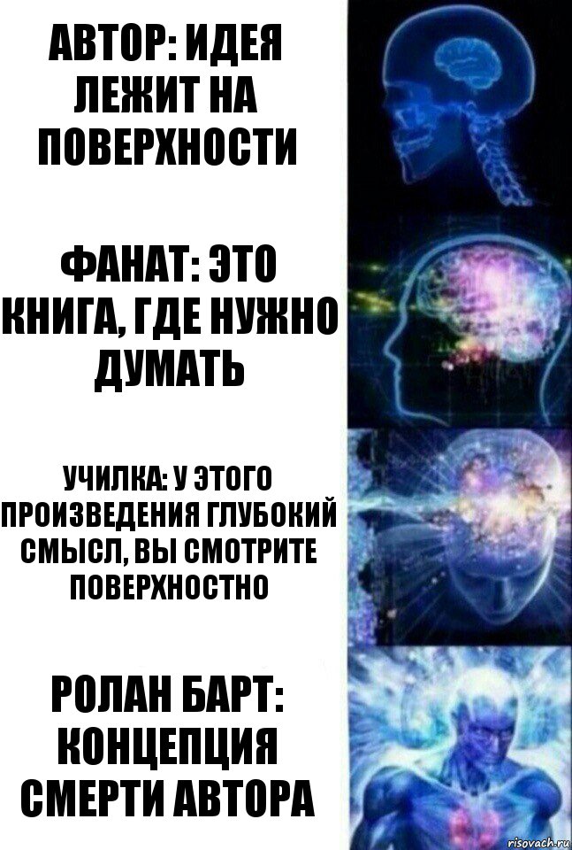 автор: идея лежит на поверхности фанат: это книга, где нужно думать училка: у этого произведения глубокий смысл, вы смотрите поверхностно Ролан Барт: концепция смерти автора, Комикс  Сверхразум