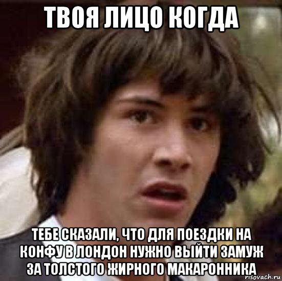 твоя лицо когда тебе сказали, что для поездки на конфу в лондон нужно выйти замуж за толстого жирного макаронника, Мем А что если (Киану Ривз)