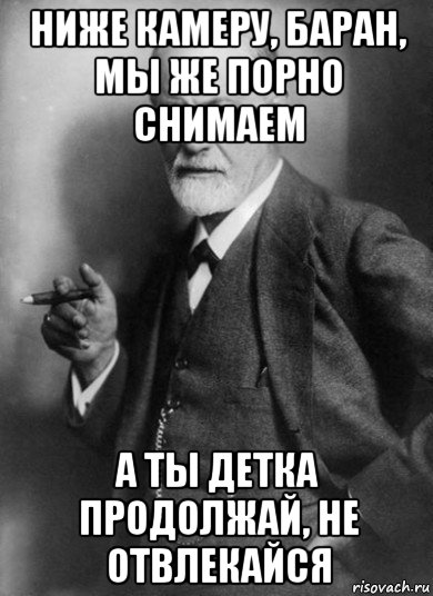 ниже камеру, баран, мы же порно снимаем а ты детка продолжай, не отвлекайся, Мем    Фрейд