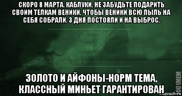 скоро 8 марта. каблуки, не забудьте подарить своим телкам веники, чтобы веники всю пыль на себя собрали, 3 дня постояли и на выброс. золото и айфоны-норм тема, классный миньет гарантирован, Мем Игра слов 2