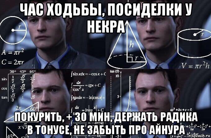 час ходьбы, посиделки у некра покурить, + 30 мин, держать радика в тонусе, не забыть про айнура, Мем  Коннор задумался