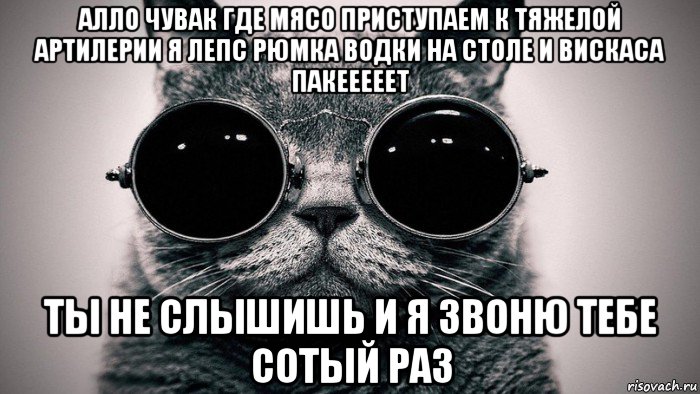 алло чувак где мясо приступаем к тяжелой артилерии я лепс рюмка водки на столе и вискаса пакееееет ты не слышишь и я звоню тебе сотый раз