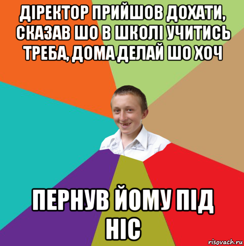 діректор прийшов дохати, сказав шо в школі учитись треба, дома делай шо хоч пернув йому під ніс, Мем  малый паца