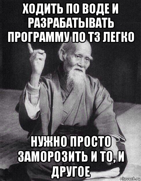 ходить по воде и разрабатывать программу по тз легко нужно просто заморозить и то, и другое, Мем Монах-мудрец (сэнсей)