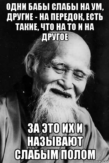 одни бабы слабы на ум, другие - на передок, есть такие, что на то и на другое за это их и называют слабым полом, Мем мудрец улыбается