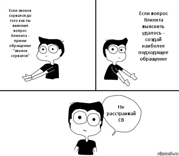 Если звонок сорвался до того как ты выяснил вопрос Клиента - прими обращение "звонок сорвался" Если вопрос Клиента выяснить удалось - создай наиболее подходящее обращение Не расстраивай СВ, Комикс Не надо так (парень)