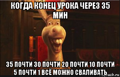 когда конец урока через 35 мин 35 почти 30 почти 20 почти 10 почти 5 почти 1 всё можно сваливать, Мем Осел из Шрека