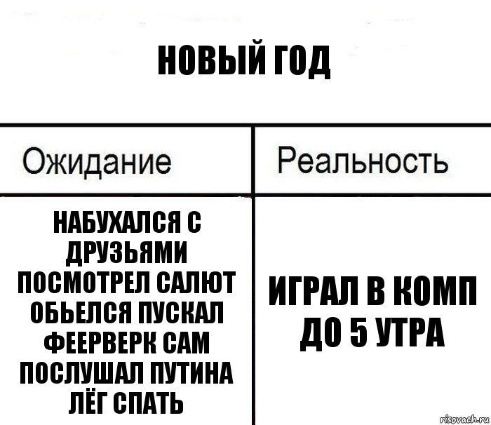 новый год набухался с друзьями посмотрел салют обьелся пускал феерверк сам послушал путина лёг спать играл в комп до 5 утра, Комикс  Ожидание - реальность