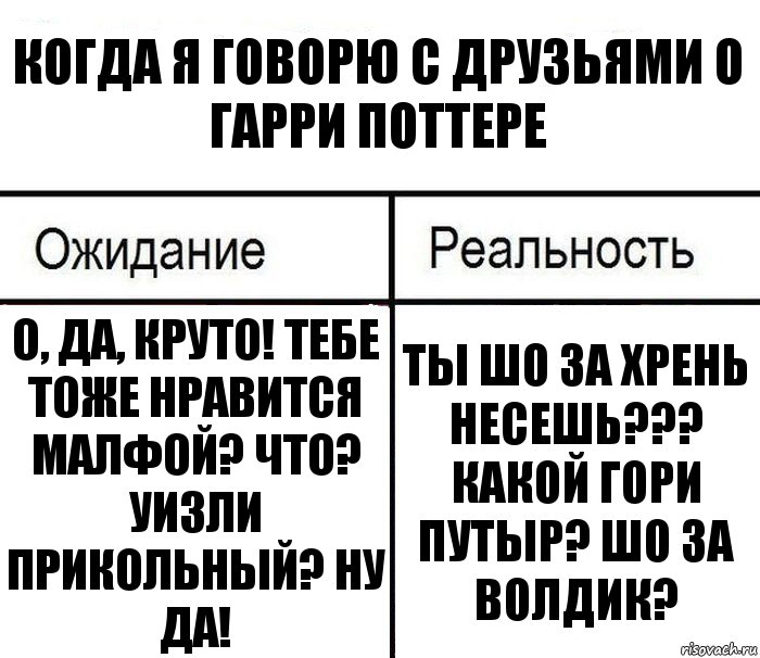 Когда я говорю с друзьями о Гарри Поттере О, да, круто! Тебе тоже нравится Малфой? Что? Уизли прикольный? Ну да! Ты шо за хрень несешь??? Какой Гори Путыр? Шо за Волдик?, Комикс  Ожидание - реальность