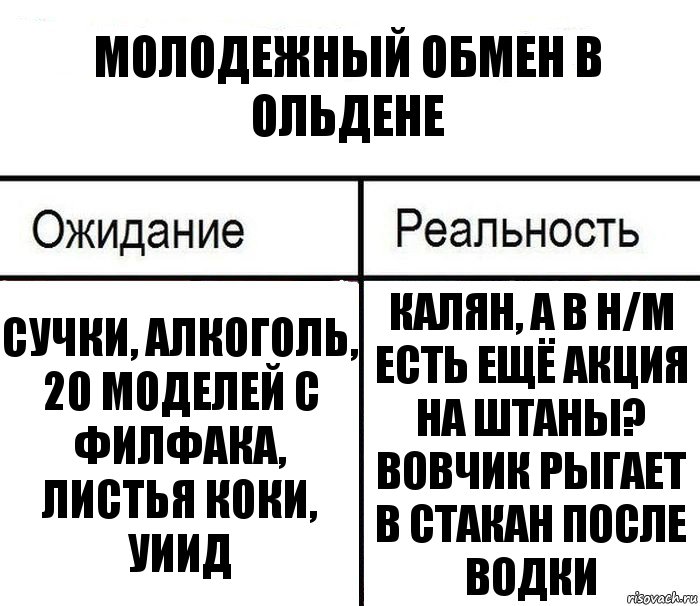 Молодежный обмен в ольдене Сучки, алкоголь, 20 моделей с филфака, листья коки, уиид Калян, а в H/M есть ещё акция на штаны?
Вовчик рыгает в стакан после водки, Комикс  Ожидание - реальность