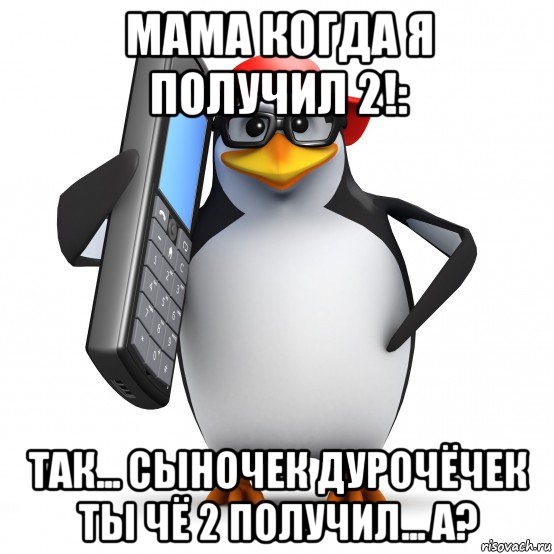 мама когда я получил 2!: так... сыночек дурочёчек ты чё 2 получил... а?, Мем   Пингвин звонит