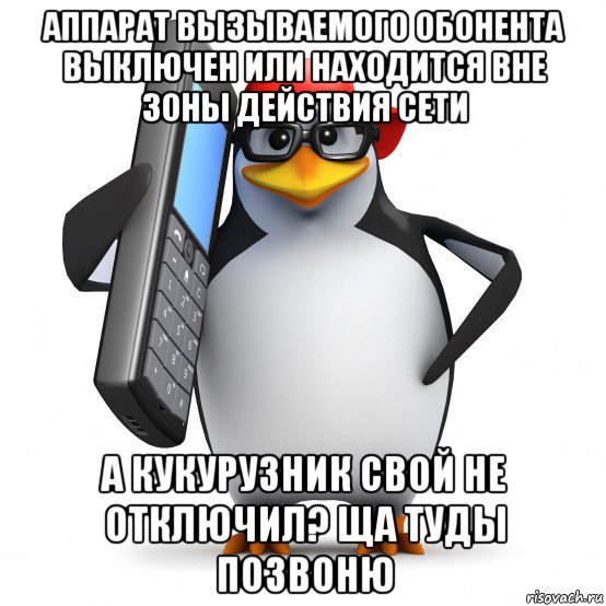 аппарат вызываемого обонента выключен или находится вне зоны действия сети а кукурузник свой не отключил? ща туды позвоню, Мем   Пингвин звонит