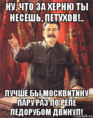 ну, что за херню ты несёшь, петухов!.. лучше бы москвитину пару раз по репе ледорубом двинул!, Мем  сталин цветной