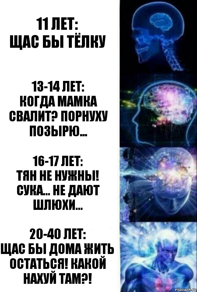 11 лет:
Щас бы тёлку 13-14 лет:
Когда мамка свалит? Порнуху позырю... 16-17 лет:
Тян не нужны! Сука... не дают шлюхи... 20-40 лет:
Щас бы дома жить остаться! какой нахуй там?!, Комикс  Сверхразум