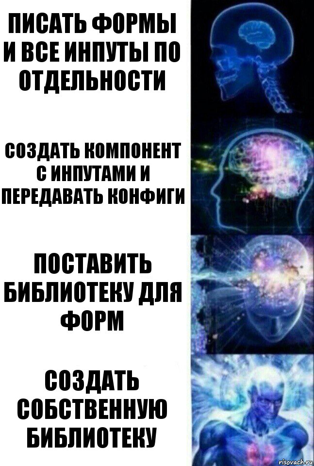 писать формы и все инпуты по отдельности создать компонент с инпутами и передавать конфиги поставить библиотеку для форм Создать собственную библиотеку, Комикс  Сверхразум