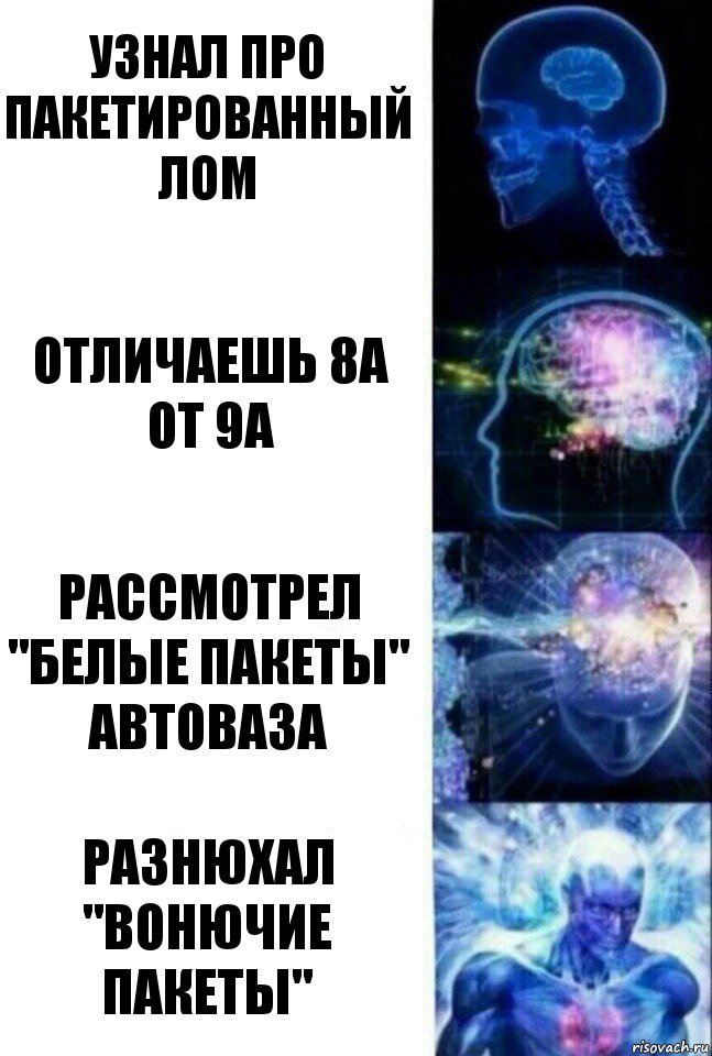 Узнал про пакетированный лом Отличаешь 8А от 9А Рассмотрел "белые пакеты" Автоваза Разнюхал "вонючие пакеты", Комикс  Сверхразум