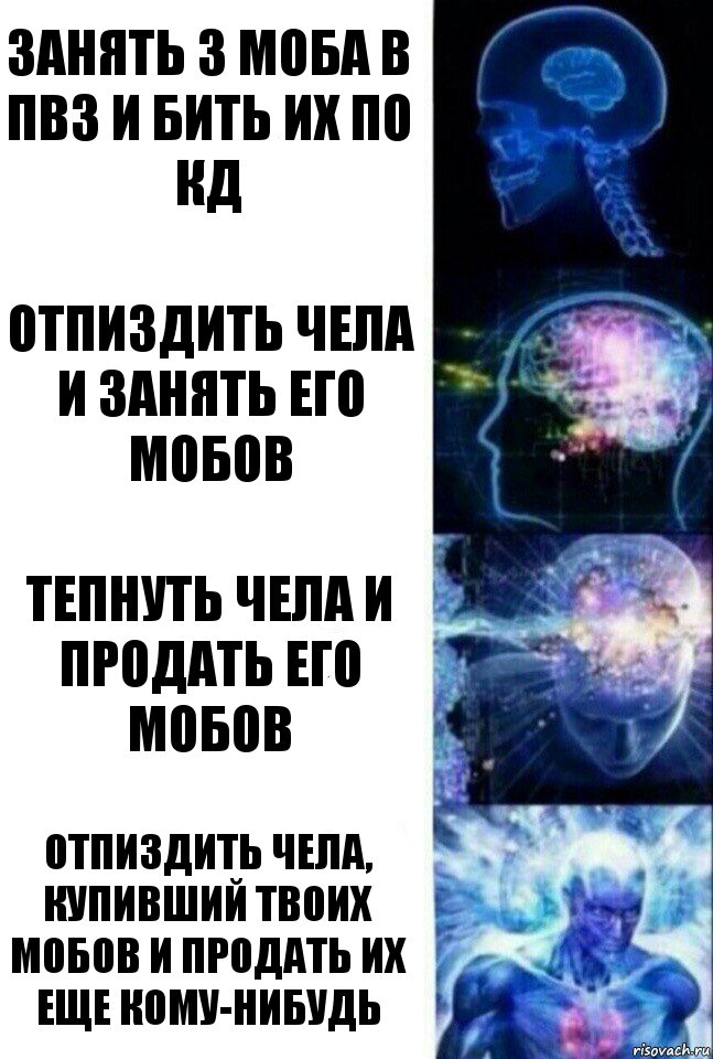 занять 3 моба в ПВ3 и бить их по кд отпиздить чела и занять его мобов тепнуть чела и продать его мобов отпиздить чела, купивший твоих мобов и продать их еще кому-нибудь, Комикс  Сверхразум