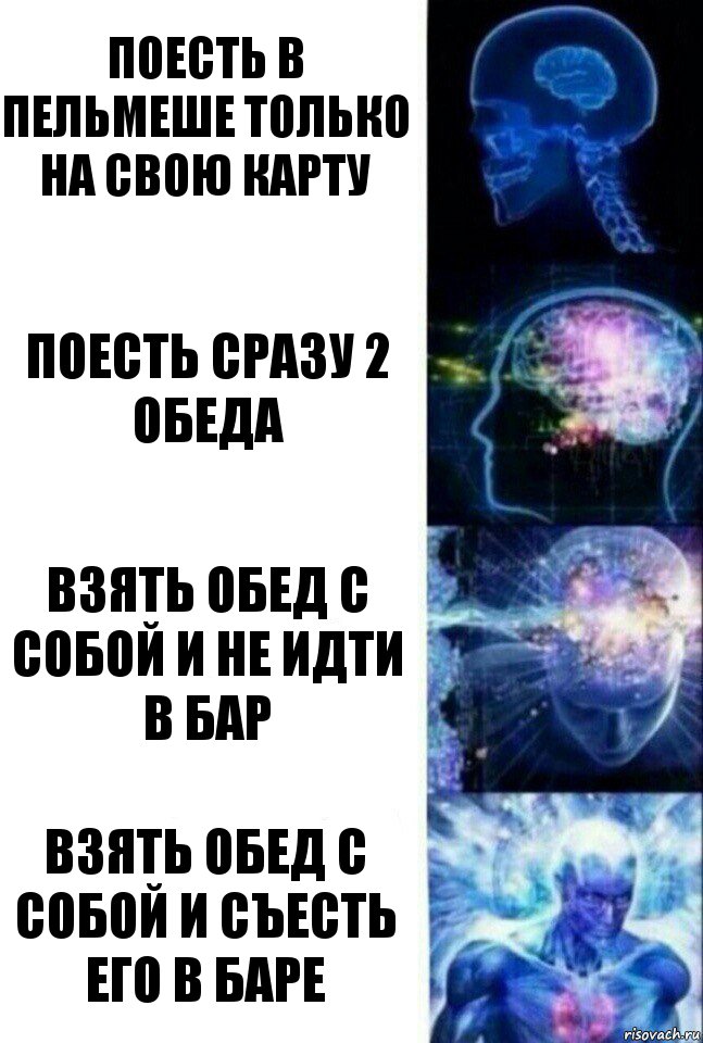 Поесть в Пельмеше только на свою карту Поесть сразу 2 обеда Взять обед с собой и не идти в бар Взять обед с собой и съесть его в баре, Комикс  Сверхразум