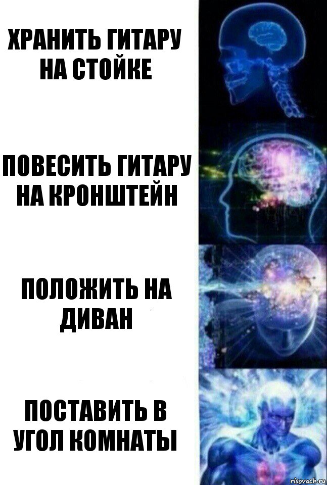 хранить гитару на стойке повесить гитару на кронштейн положить на диван поставить в угол комнаты, Комикс  Сверхразум