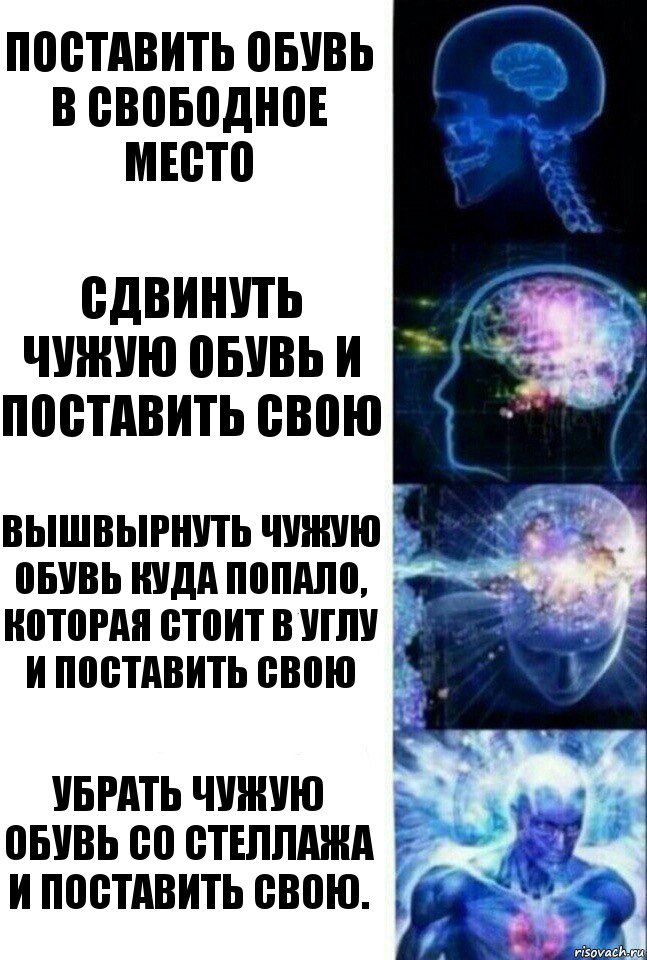 поставить обувь в свободное место сдвинуть чужую обувь и поставить свою вышвырнуть чужую обувь куда попало, которая стоит в углу и поставить свою убрать чужую обувь со стеллажа и поставить свою., Комикс  Сверхразум