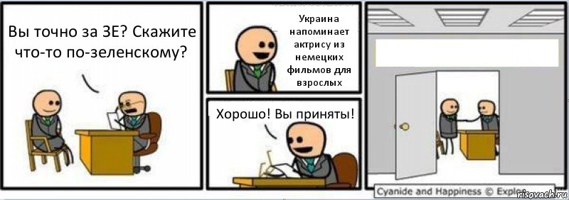 Вы точно за ЗЕ? Скажите что-то по-зеленскому? Украина напоминает актрису из немецких фильмов для взрослых Хорошо! Вы приняты! , Комикс Собеседование на работу