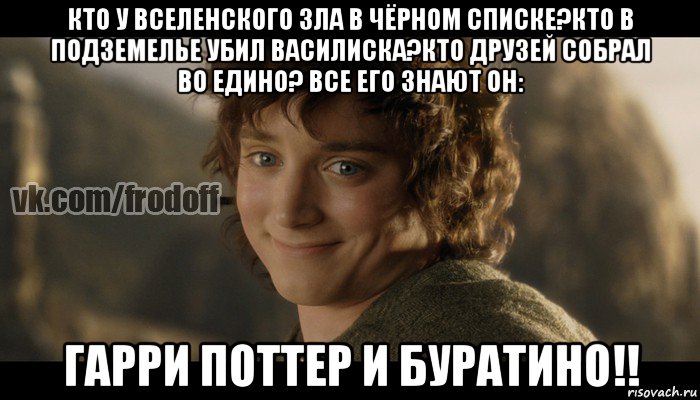 кто у вселенского зла в чёрном списке?кто в подземелье убил василиска?кто друзей собрал во едино? все его знают он: гарри поттер и буратино!!, Мем  Фродо