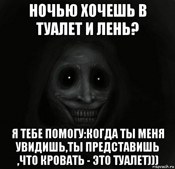 ночью хочешь в туалет и лень? я тебе помогу:когда ты меня увидишь,ты представишь ,что кровать - это туалет)))