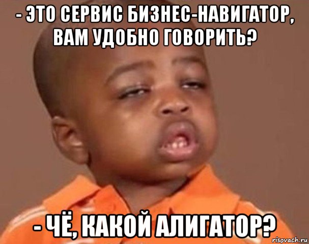 - это сервис бизнес-навигатор, вам удобно говорить? - чё, какой алигатор?, Мем  Какой пацан (негритенок)