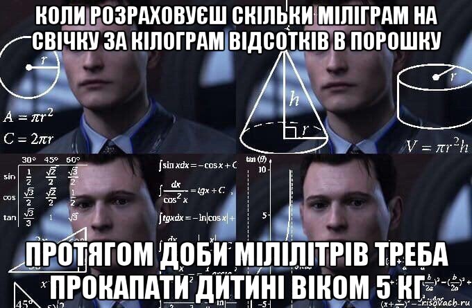 коли розраxовуєш скільки міліграм на свічку за кілограм відсотків в порошку протягом доби мілілітрів треба прокапати дитині віком 5 кг, Мем  Коннор задумался