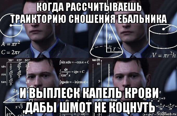 когда рассчитываешь траикторию сношения ебальника и выплеск капель крови ,дабы шмот не коцнуть, Мем  Коннор задумался