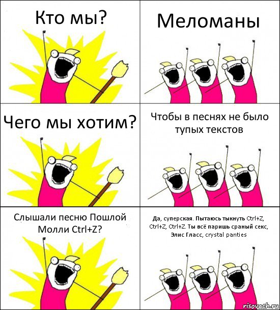 Кто мы? Меломаны Чего мы хотим? Чтобы в песнях не было тупых текстов Слышали песню Пошлой Молли Ctrl+Z? Да, суперская. Пытаюсь тыкнуть Ctrl+Z, Ctrl+Z, Ctrl+Z. Ты всё паришь сраный секс, Элис Гласс, crystal panties, Комикс кто мы