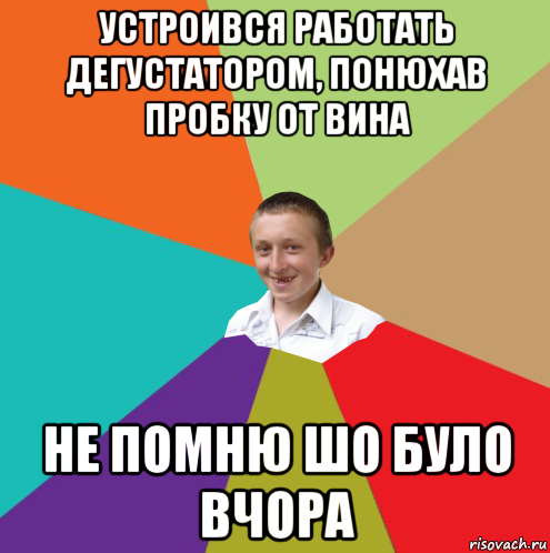 устроився работать дегустатором, понюхав пробку от вина не помню шо було вчора, Мем  малый паца