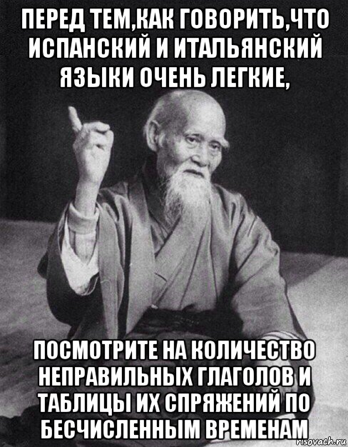 перед тем,как говорить,что испанский и итальянский языки очень легкие, посмотрите на количество неправильных глаголов и таблицы их спряжений по бесчисленным временам, Мем Монах-мудрец (сэнсей)