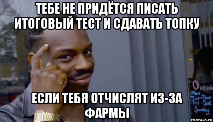 тебе не придётся писать итоговый тест и сдавать топку если тебя отчислят из-за фармы, Мем Не делай не будет