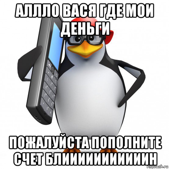 аллло вася где мои деньги пожалуйста пополните счет блииииииииииин, Мем   Пингвин звонит