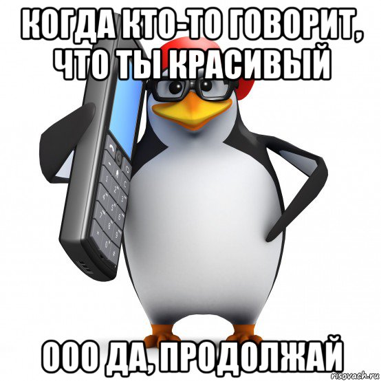 когда кто-то говорит, что ты красивый ооо да, продолжай, Мем   Пингвин звонит