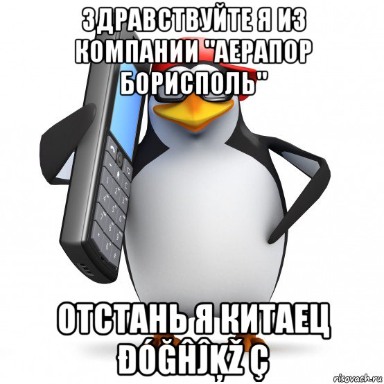 здравствуйте я из компании "аерапор борисполь" отстань я китаец ðóğĥĵķž ç, Мем   Пингвин звонит