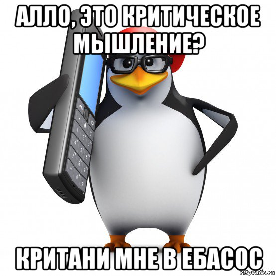 алло, это критическое мышление? критани мне в ебасос, Мем   Пингвин звонит