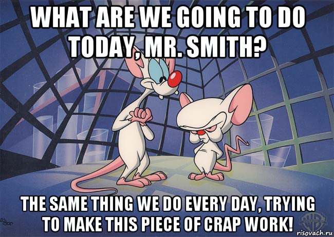 what are we going to do today, mr. smith? the same thing we do every day, trying to make this piece of crap work!, Мем ПИНКИ И БРЕЙН