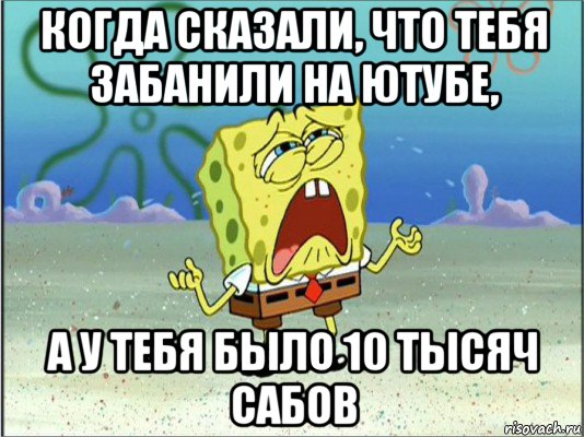 когда сказали, что тебя забанили на ютубе, а у тебя было 10 тысяч сабов, Мем Спанч Боб плачет